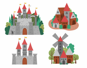 Vector icons set with Medieval castles and villages. Magic kingdom collection. Big medieval stone palace with towers, flags, gates, trees. Stone and wooden buildings. Fairy tale town illustration. - obrazy, fototapety, plakaty