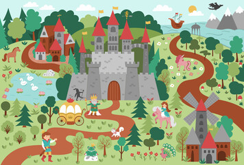 Vector fairytale kingdom illustration. Fantasy castle and characters picture. Cute magic fairy tale background with palace, sea, prince, princess, forest. Detailed medieval village landscape. - obrazy, fototapety, plakaty