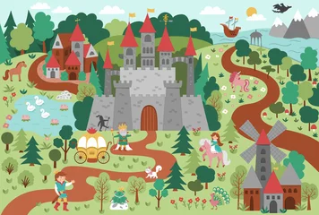  Vector fairytale kingdom illustration. Fantasy castle and characters picture. Cute magic fairy tale background with palace, sea, prince, princess, forest. Detailed medieval village landscape. © Lexi Claus