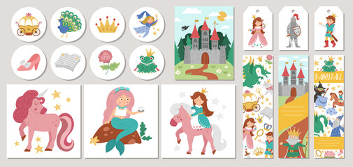 Cute set of Fairytale cards with princess, unicorn, castle, prince. Vector fairy tale square, round, vertical print templates. Fantasy storybook design for tags, postcards, ads.