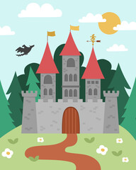 Obraz na płótnie Canvas Vector fairytale landscape with castle on a hill. Fairy tale background. Magic kingdom picture. Scenery with medieval stone palace, towers, flags, flying dragon. Fairy tale king house illustration