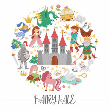 Vector round frame with fairy tale characters, objects. Fairytale card template design for banners, invitations with princess and prince. Cute fantasy castle illustration with magic elements.