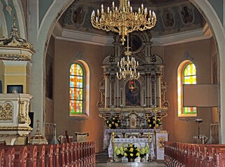 General view and architectural details of the Catholic Church of Our Lady of the Rosary in Iłowo Osada na warmi in Poland. © Jacek Sakowicz