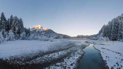 Cold winter morning at the Zelenci lake in Kranjska Gora, Slovenia.