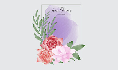 Watercolor floral frame design with beautiful flowers and leaves. 