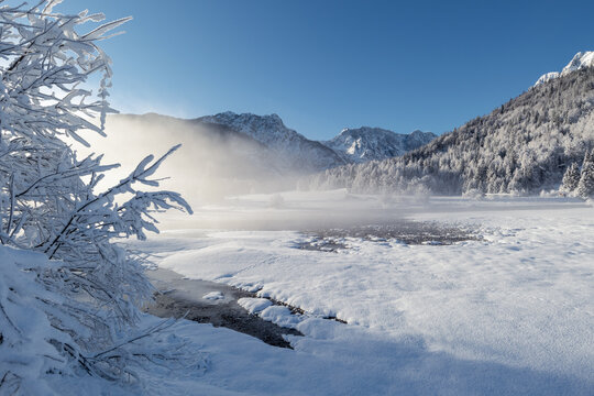 Intermittent lake Ledine in Ratece at winter, Slovenia near Kranjska gora