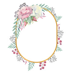 White and pink roses flowers, green leaves, berries in a gold oval frame. Watercolor illustration