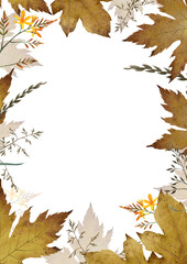 Vintage floral сard template with fallen autumn leaves and flowers. Autumn botanical frame border. Design element for invitations, greeting cards, cosmetic and other.