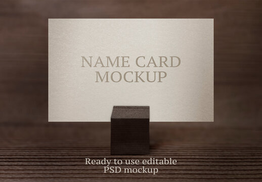 Name Card Mockup on Wooden Background