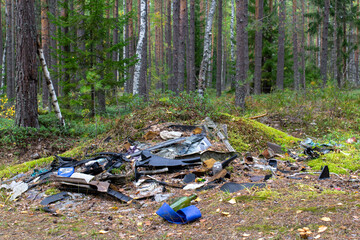 garbage in the forest, landfill, ecology, forest pollution. Dispose of trash. Purge of nature,...