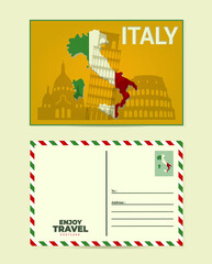 a postcard and an envelope. Italy. Rome, Pisa. Map of Italy in the form of the country's flag. The Leaning Tower of Pisa, the Colosseum and the Cathedral.