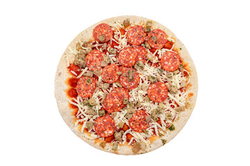 Fototapeta na wymiar A frozen Chorizo ​​pizza isolated on a white background