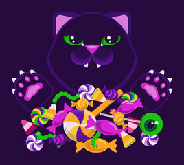 Dark vector illustration for Halloween with a cat and a set of sweets, lollipops, caramel. Dark purple, blue background and variegated, bright elements. Suitable for textiles, wrapping paper, tissue, 