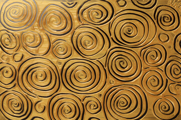 Abstract gold (bronze) color acrylic swirl wave painting. Canvas vintage grunge texture horizontal background.