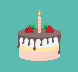 Illustration of birthday chocolate cake with two red strawberries and lit candle