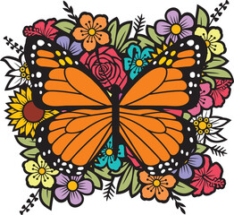 Butterfly and flowers color vector illustration