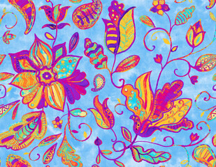 Paisley watercolor floral pattern tile: flowers, flores, tulips, leaves. Oriental indian traditional hand painted water color whimsical seamless print, ceramic design. Abstract india batik background