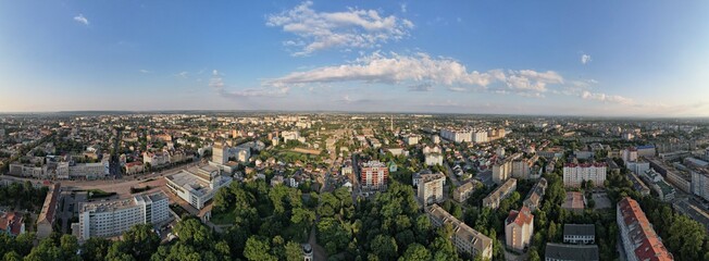 Aerial view of the city in the evening. Colorful panoramic view. Eastern Europe