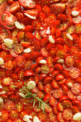 Lots of fresh chopped ripe red tomatoes close up