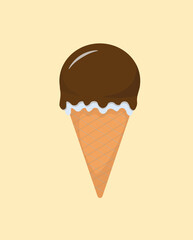 vector ice cream chocolate white cream with waffle cone on yellow background cartoon illustration