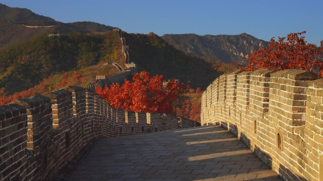 4k, Panoramic view on Great wall, golden autumn, Mutianyu, Beijing, China