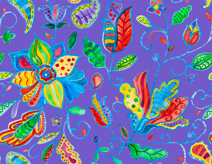 Paisley watercolor floral pattern tile: flowers, flores, tulips, leaves. Oriental indian traditional hand painted water color whimsical seamless print, ceramic design. Abstract india batik background