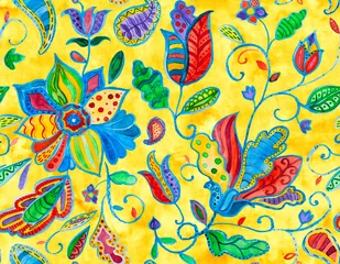  Paisley aquarel bloemmotief tegel: bloemen, flores, tulpen, bladeren. Oosterse Indiase traditionele handgeschilderde waterkleur grillige naadloze print, keramisch ontwerp. Abstracte Indiase batikachtergrond © Natalia