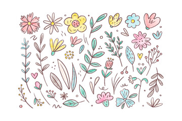 Fototapeta na wymiar Hand Drawn watercolor illustrations isolated on white background. Cute flowers clipart in a pencil style. Hello Spring set of elements with flowers, summer time, birthday, valentines day, save date