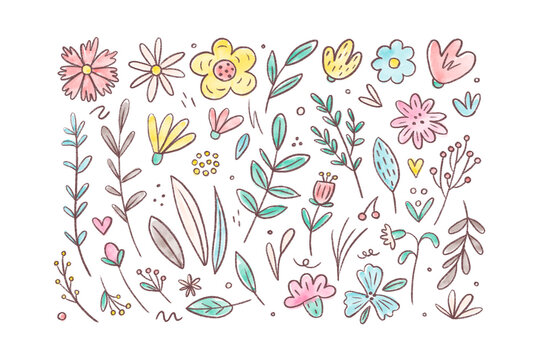 Hand Drawn watercolor illustrations isolated on white background. Cute flowers clipart in a pencil style. Hello Spring set of elements with flowers, summer time, birthday, valentines day, save date