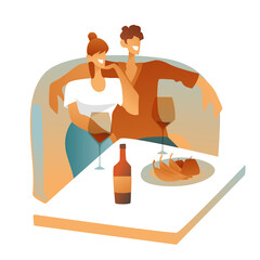 A young couple, a man and a woman, are sitting on an abstract sofa at a table on a white background. Fresh fruit on a plate and drinks in glasses. Newlyweds hug and pose for photos, stylish outfits.