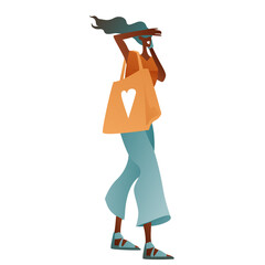 A girl with a shopper is walking in front of a strong wind, her hair is blowing in the wind, flared jeans, a fashionable character. Flat design, the concept of a fashionable image.