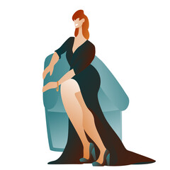 A seductive woman in a black dress with high heels is sitting on a blue chair, a red-haired girl is smiling. A beautiful train of the dress spreads on the floor on a white background.