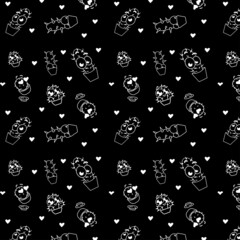Naklejka premium Seamless black and white cactus pattern with hearts. Doodle cactus pattern. Potted cacti. Vector background. Cute cartoon cactus pattern.