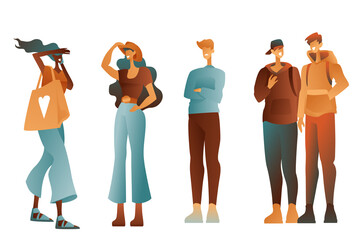 A set of characters on a white background, young guys and girls, teenagers in stylish clothes. Hats, bags, fashionable clothes, the concept of modern teenagers.