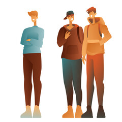 Guys are talking, a friendly conversation of guys on a white background. A quarrel of friends, a conflict situation, a careless conversation. Boys in hoodies, jeans and sneakers with bags.