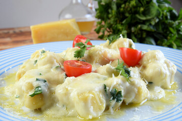 delicious gnocchi pasta in white sauce with parmesan cheese, tomato, basil, herbs, healthy food from Italian and French cuisine