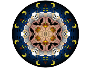 Circular Colored Mandala Halloween Themed Illustration with Skulls, Bats, Moon, Tomb with RIP phrase. Perfect for Plates, Dishes, Wrapping Paper and Sheets