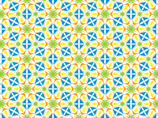 Abstract Colored Geometrical Seameless Pattern in Blue, Orange, Yellow and Green. Perfect for Plates, Dishes, Wrapping Paper and Sheets