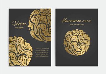 Black invitation card design with golden ornament pattern. Luxury vintage vector template. Can be used for background and wallpaper. Elegant and classic vector elements great for decoration.