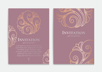 Pink invitation card design with golden ornament pattern. Luxury vintage vector template. Can be used for background and wallpaper. Elegant and classic vector elements great for decoration.