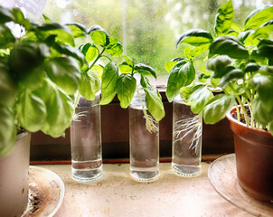 Basil culture and multiplication by cutting on the kitchen windowsill