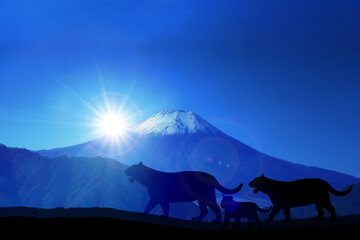寅年年賀状-虎のシルエットと富士山と初日の出	