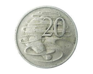 Australia twenty cents coin on a white isolated background