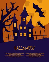 The ghost castle on the background of a large moon and bats. Halloween holiday. Design a postcard, poster or flyer. Illustration with horror.