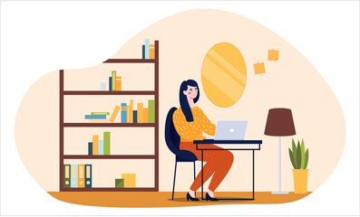 Girl with laptop. Work from home, freelance schedule. Managing your time, making money. Provision of services online. Graphic element for website. Flat vector illustration isolated on white background