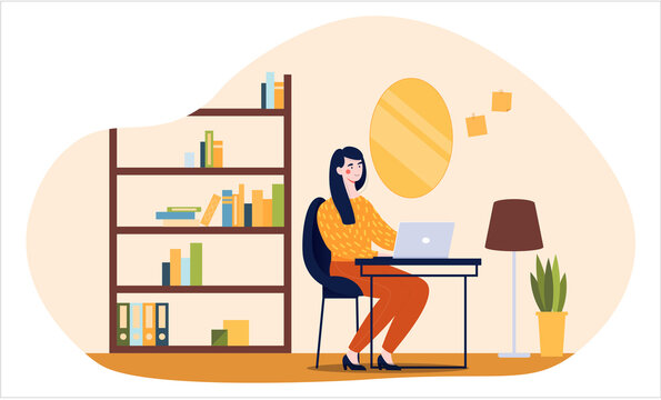 Girl With Laptop. Work From Home, Freelance Schedule. Managing Your Time, Making Money. Provision Of Services Online. Graphic Element For Website. Flat Vector Illustration Isolated On White Background