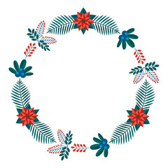 Fototapeta na wymiar Merry Christmas floral round frame with winter plants frame - wreath in flat style. Illustrations with botanical symbols of holiday - pine, leaves, cone, berry in red, green colors.