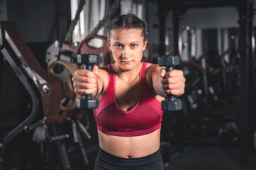 Obraz na płótnie Canvas Young woman with dumbbells in the gym. Portrait of young attractive woman in sport clothes holding weight dumbbell doing fitness workout