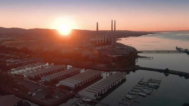 Aerial: Flying Over The Town Of Pittsburg At Sunset, California, USA