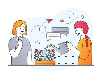 People and beautiful flower. One girl tends her houseplants, another greets her. Communication during hobby, graphic element for website. Cartoon flat vector illustration isolated on white background